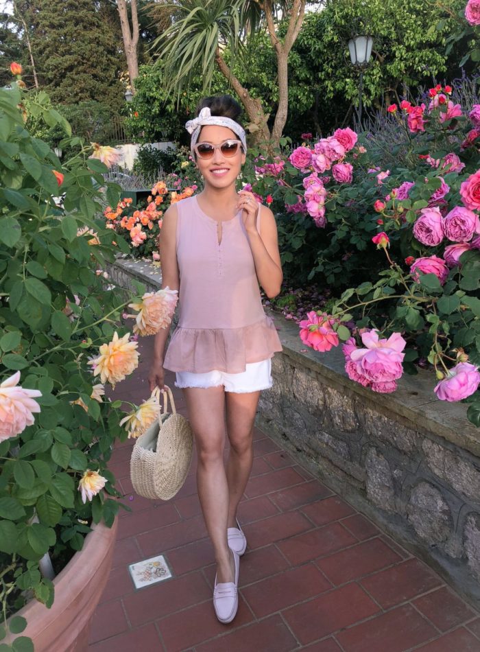 pink peplum top flat loafers vacation outfit ideas