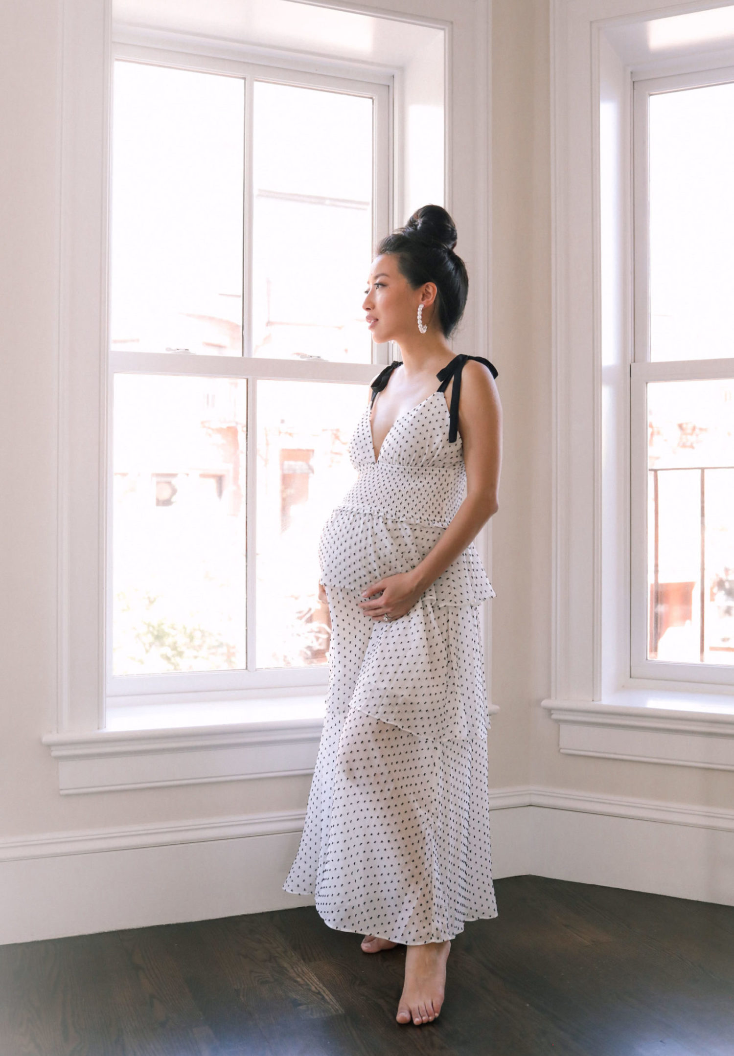 black white polka dot maternity photos dress