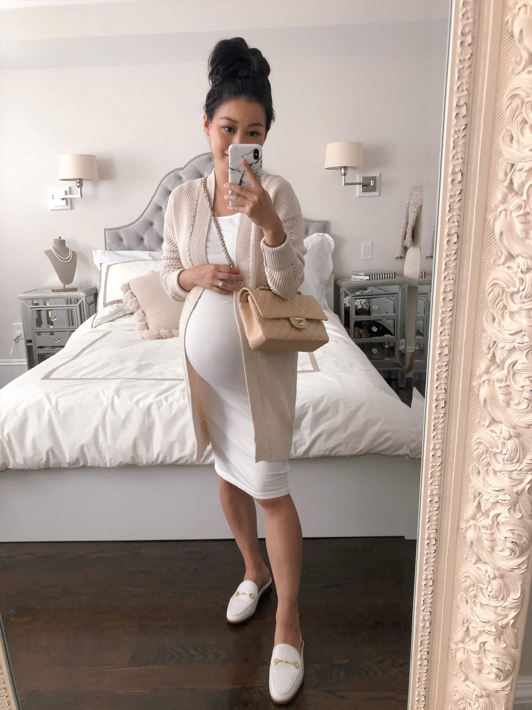 petite third trimester maternity white dress cardigan outfit
