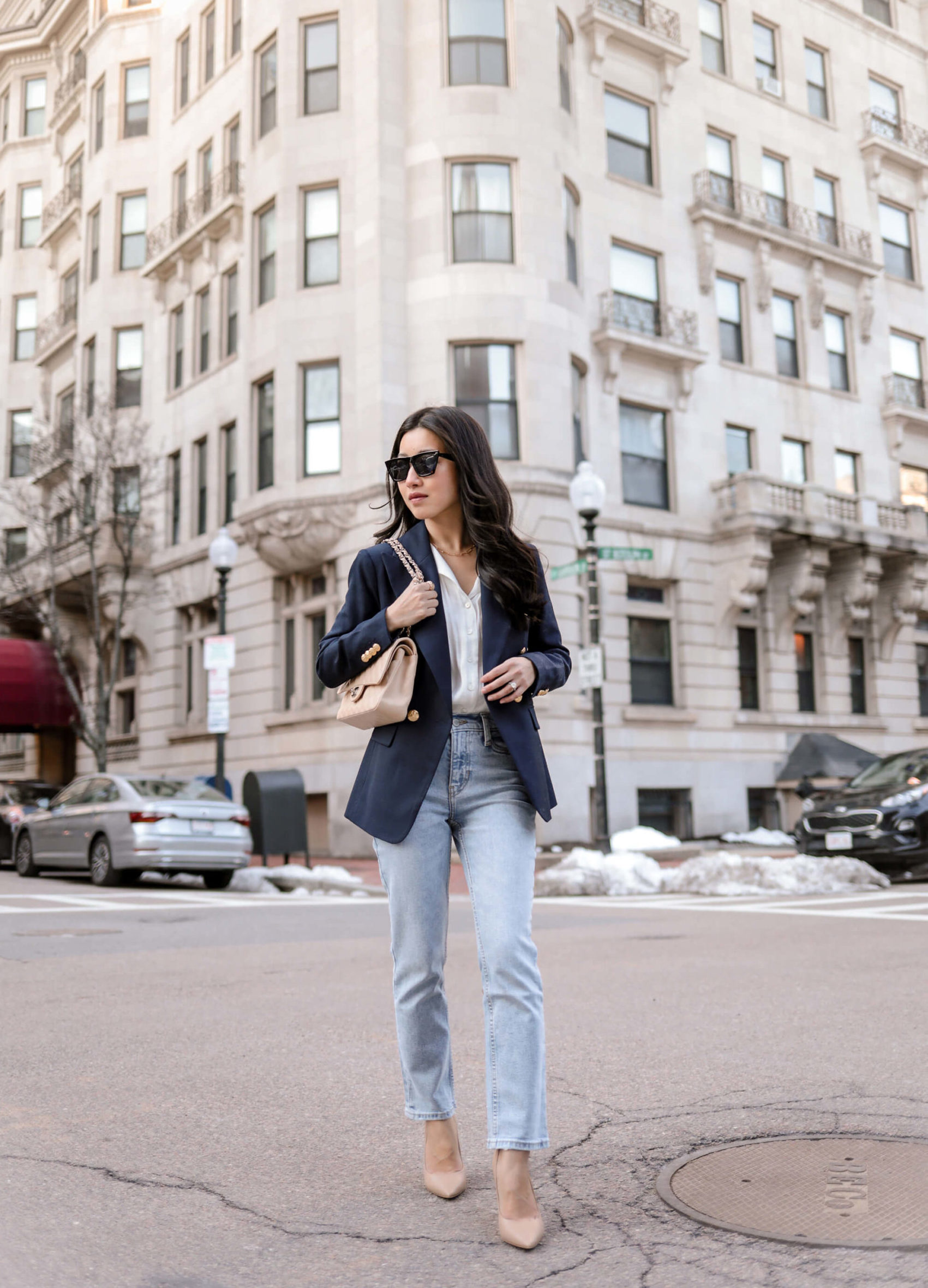 straight jeans and navy blazer for petites