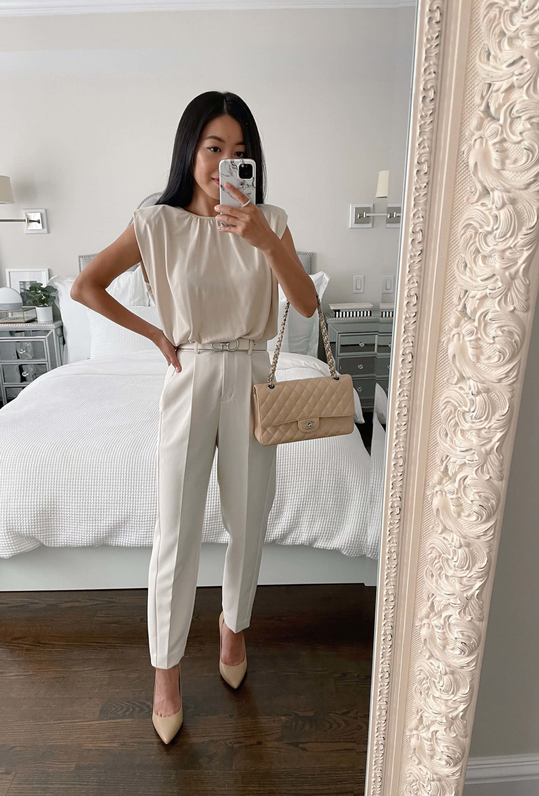 cream trousers petite work outfit
